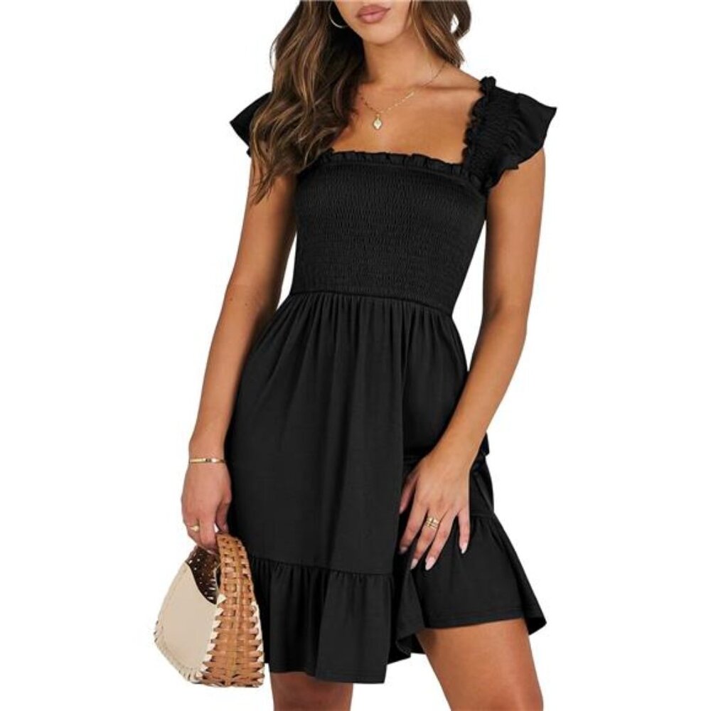 Womens Summer Casual Sleeveless Square Neck Smocked Ruffle Backless Boho Dress